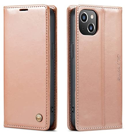 QLTYPRI Case for iPhone 15 6.1 inch, Vintage PU Leather Wallet Case Card Slot Kickstand Magnetic Closure Shockproof Flip Folio Book Case Cover for iPhone 15 - Rose Gold