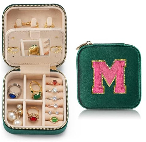 Personalisierte Samt Reise Schmuck Fall Box Für Frauen Ring Halskette Ohrring Halter Organizer mit Spiegel Grün Mädchen Box Geburtstagsgeschenke Mama Initiale M