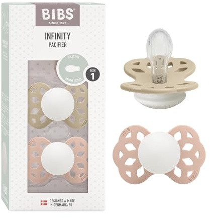 BIBS Infinity Glow Dummy, 0-6 Months, 2-Pack, Symmetrical, Vanilla/Blush | Symmetrical Silicone Teat | Size 1 | BPA-Free | Made in Denmark | Glow Handle | High Teat Acceptance | Airflow Holes