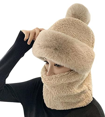 Générique 2024 AR – Damen Winddichter Schal Hut Winter Warm Schal Hut Set Weich Strickmütze Plüsch Kinder Kaninchen, beige, Einheitsgröße