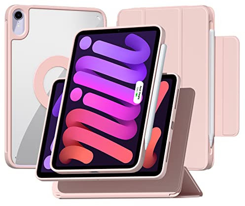 ZENLU iPad Mini 6th 7th Generation Case Removable Magnetic Folio Cover, Premium PU Leather, Multiple Angles Stand, Pencil Slot Charging Support, Full Protective Case for 8.3 inch iPad Mini 6 7 (Pink)