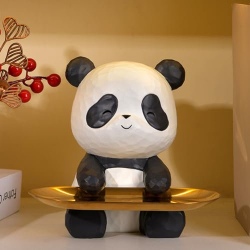 Starnearby Plateau Clé Entrée Panda Statue Vide Poche, Bol Clé Entrée Panda Sculpture en Résine, Statue avec Plateau, Plateau Rangement Clef, Bijoux, Plateau Porte Clé et Accessoires, Décoration