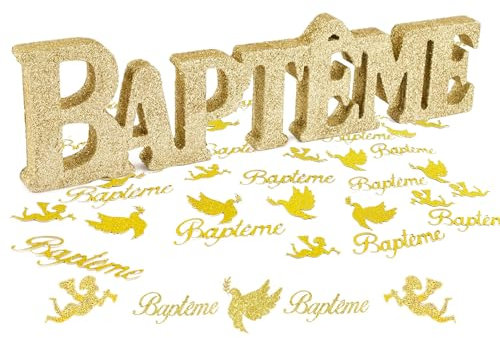 FINEVERNEK 75Pcs Confettis Baptême avec Centre de Table 3D Bois Baptême 30CM Décoration Bapteme Baby Shower Fournitures or Paillettes Accessoire Anniversaires Naissance Fille Garçon