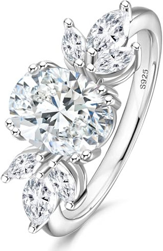 Yaresul Verlobungsring Damen, 925 Sterling Silber Ring, April Geburtsstein Ring, Ovaler Cluster Verlobungsring, Ring Silber 925 für Damen, Versprechensring Größe 60(19.1)