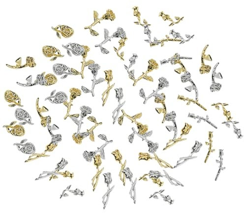 Lot de 80 Breloques en métal Rose 3D pour Ongles - Bijoux pour Ongles - Fleurs dorées et argentées - Breloques Florales pour Ongles - Accessoires de Bricolage