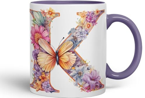 Vixar Letter K Mug, Floral Flowers Butterfly Alphabet Letter K Monogram Watercolour Ceramic Coloured Mug Cup for Tea Coffee Hot Brew 330ml 11Oz Gift (Purple)