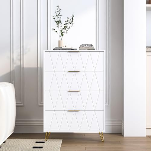 Kommode mit 4 Schubladen, gestreifte Schublade, hoher Stauraum, Kommode mit goldfarbenen Beinen und goldfarbenen Griffen, Kommode für Schlafzimmer, Wohnzimmer, Schrank, Flur, Schlafzimmer (weiß, 4