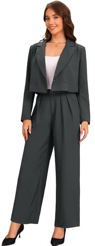Allegra K 2-teiliges Damen-Set, Business-Casual-Outfit, gekerbtes Revers, bauchfreie Jacke, weites Bein, Hose, Arbeitsanzüge, grau dunkel, X-Klein