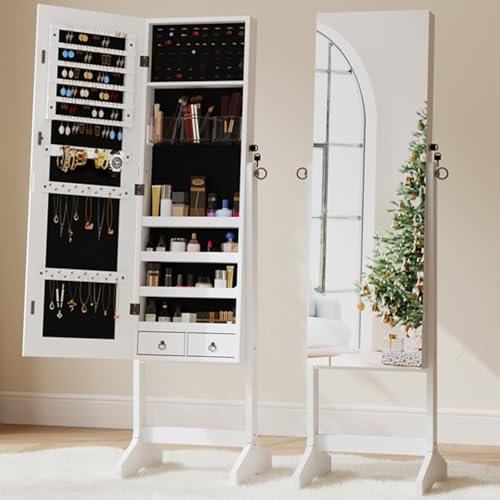 Dripex White Jewelry Cabinet Mirror, Free Standing Dressing Mirror Lockable Jewellery Organiser Unit, 3 Angles Adjustable Jewellery Armoire with Large Storage