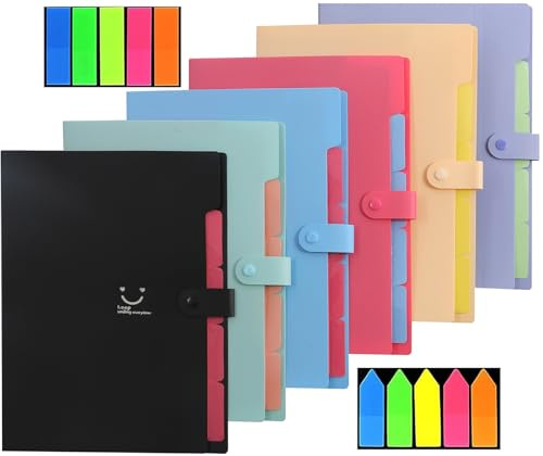 Fächermappe A4, 6 Stück Dokumentenmappe A4 Tragbar Ordnungsmappe mit 5 Fächern Ordner Organizer mit 2 Stück Haftnotizen, Grosse Kapazität Aktenordner für Büro, Zuhause, Schule(6 Farben)
