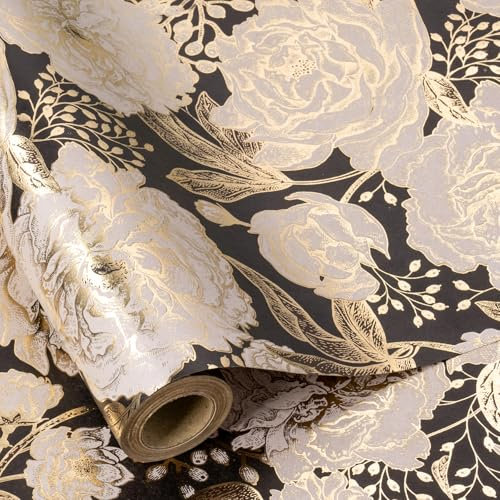 RUSPEPA Rouleau de papier cadeau kraft - Mini rouleau - Motif fleur dorée en feuille d'or Idéal pour les anniversaires, les vacances, les fêtes et plus encore - 43,2 cm x 5 m