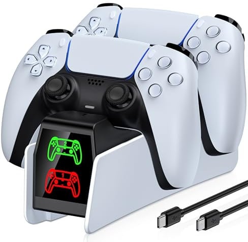 GAMSINGY PS5 Controller Ladestation, PS5 Ladestation für Playstation 5 /Dualsense Wireless/Edge Controller Skins Schutzfoliensets mit 2Std Schnelllade/LED Ladeanzeige