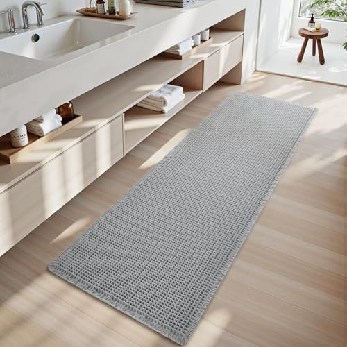 SIXHOME 50x150cm Hellgrau Badematte mit Waffelmuster super saugfähige rutschfeste Badematten Maschinenwaschbare Badezimmermatten mit Gummirückseite
