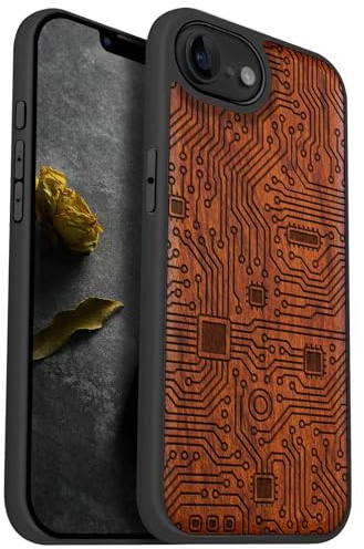 Carveit Wood Case for iPhone 16e/17e - Motherboard - Rosy | Magnetic iPhone 16e/17e Case - Compatible with MagSafe Wireless Chargers - Engraved Wood with Soft TPU Shockproof Bumper