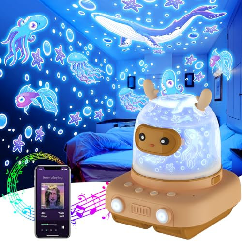 UOUNE Night Light Projector for Kids, with 8 White Noises, 6 Sets of Films, 7 Lighting Effects, Built in Bluetooth Speaker, Rechargeable Baby Sensory Night Lights for Bedroom,Christmas Gifts for Kids