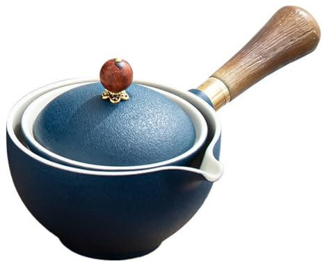 XYUERU Ceramic Teapot, 360° Rotation Tea Maker, Teapot with Infuser, Ceramic Handheld Teapot, Ceramic Chinese Kung Fu Tea Pot with Wooden Handle & Fine Mesh Filter(Blue)