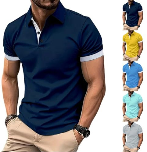 Poloshirts für Herren Kurzarm Leinen Basic Polo Shirts Für Herren Baumwolle Casual Sommer Outfit Männer V Ausschnitt Slim Fit Sport Oversized Polohemden Shirts Mit Aufdruck(Marine,M)