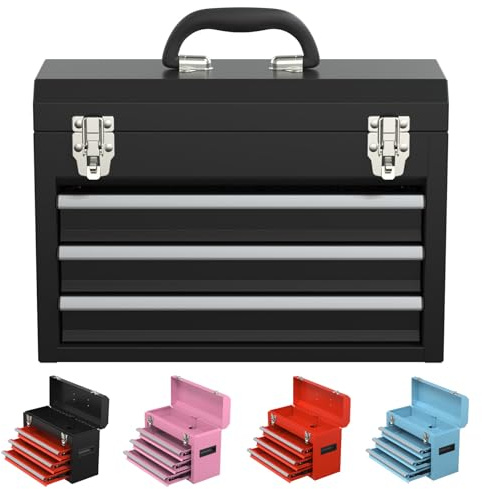 Kieperi 3 Drawers small Tool Box, Portable 3 Drawer Steel Tool Box with Locking System toolbox organization with Liner for Tools Storage (Black)