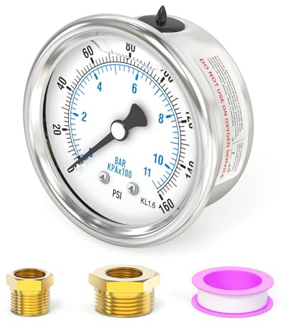 ERGAOBOY 0-11 Bar/0-160 Psi Edelstahl 1/8 BSP 2,5 Zifferblatt Flüssigkeitsgefülltes Manometer, Rückseitige Befestigung mit 3/8 x 1/8 und 1/4 x 1/8 Messing Sechskantbuchse WOG Wasser Öl Luft