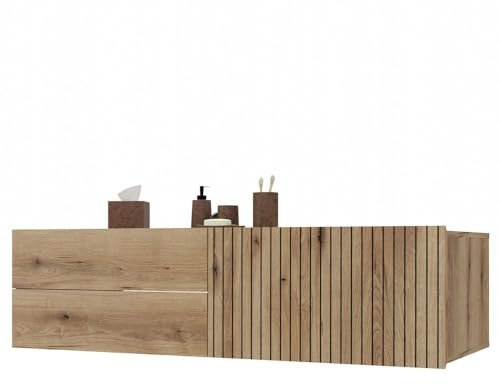 CDF Waschbeckenunterschrank Hängend 2X Schubladen + Fach Badezimmermöbel | mit Lamellenfronten und Griffen – Stauraum für Kosmetik Handtücher Badzubehör – Modernes Design Tigo 1D2S Eiche Evoke