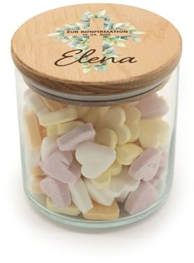 GRAVURZEILE Vorratsglas mit bedrucktem Holzdeckel - Konfirmation Kreuz - Personalisiert mit Name & Datum - Keksdose Bonbonglas mit Deckel - Vorratsdose - Geschenk für Kinder zur Konfirmation - 530 ml