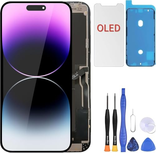 ZOETEC Soft OLED Display für iPhone 14 Pro Max (Nicht LCD) 6,7'' Full HD Display COF Touchscreen Digitizer Rahmen-Baugruppe mit Reparatur-Werkzeug-Sets, wasserdichter Klebstoff, gehärtetes Glas