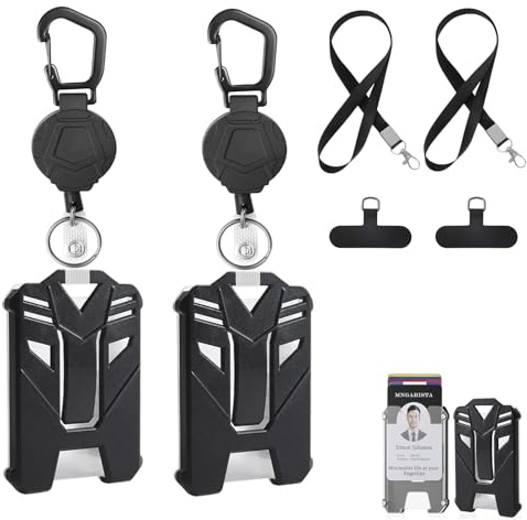 2-pack infällbar ID-korthållare, 2 utdragbara nyckelringar, robust karbinhake nyckelring, taktisk ID-kortshållare med utdragbar 80 cm stålkabel