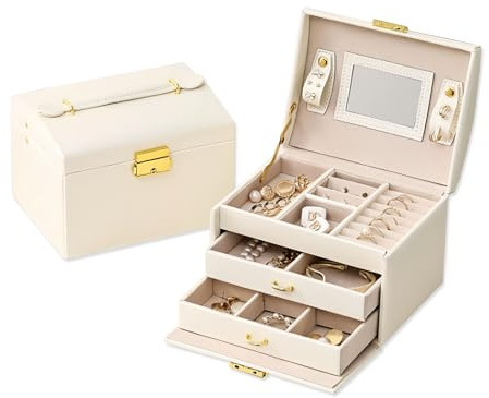 Braloxane 3-layer jewelry box with mirror, which can be locked into leather jewelry box for storing necklaces, rings, earrings and watches, and multi-drawer storage box. (white)