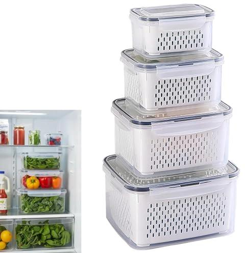 Mujiluxe kylskåpsförvaring, kylskåpslåda, 4-delad kylskåpsorganisatör, med avtagbara siktar, för frukt, grönsaker och bär (4,15 l, 3,15 l, 1,7 l, 0,8 l)