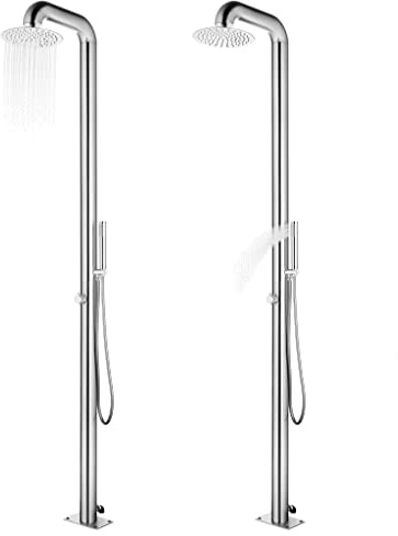 Doccia da giardino in acciaio inox con piastra di fondo marrone, altezza 230 cm, soffione da 25 cm, tubo doccia da 1,5 m, fondo in WPC 110 x 62 cm, per piscina da giardino, piscina, vasca