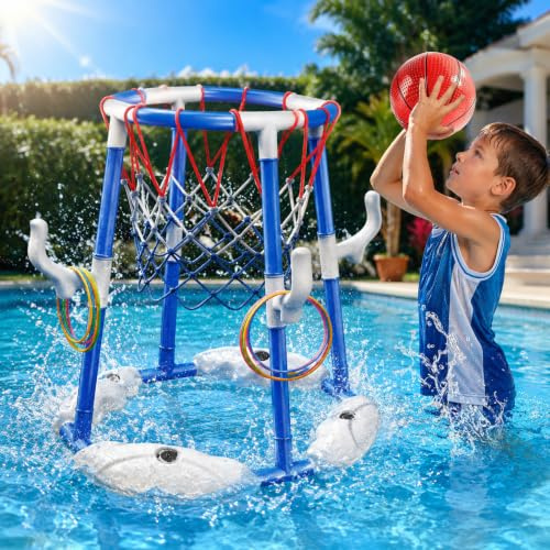 Smdbzda Canasta de Baloncesto Flotante para Piscina, Baloncesto Flotante 2 en 1 para Piscina, con 2 Pelotas Flotantes, 12 Anillas y Bomba, Juguete Veraniego Familiar para Fiesta en Piscinas