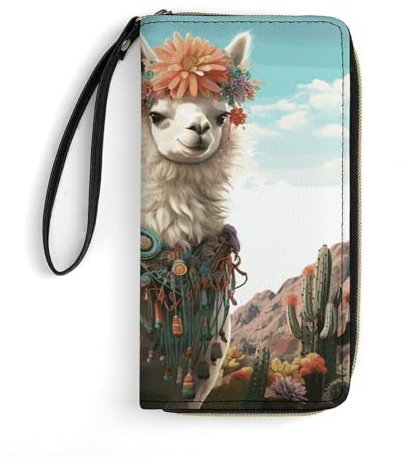 WSOIHFEC Mexican Llama Cactus Wallet for Men Slim RFID Blocking,Travel Long Purse Large Capacity Clutch with Zipper,Hand Strap