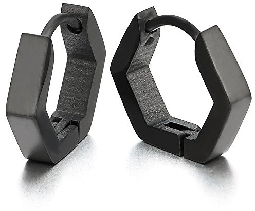 Paar Schwarz Hexagon Edelstahl Glatte Creolen für Herren Damen, Edelstahl Huggie Ohr Manschette Ohrringe