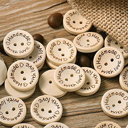 NAMVO 100pcs 2 Holes Handmade Buttons  Handmade with Love, Natural Wood Buttons, Bathing Buttons, for Sewing and Crafting Decorations (25 mm)
