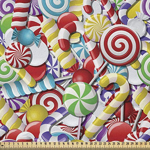 ABAKUHAUS Zuckerstange Satin Stoff als Meterware, Lutscher Süßigkeiten, Zum Nähen Toller Stoff für Heimtextilien Aller Art, 3M (148x300cm), Gelb und Rot
