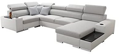 Ecksofa mit Schlaffunktion Wohnlandschaft U-Form Passe XXL Sofa mit Bettkasten Abstellfläche Verstellbare Kopfstützen Gewebe Kunstleder Seite Rechts Links Grau Schwarz Braun 26