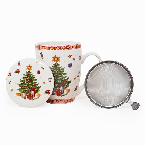 NAMAI - Tisaniera Infusiera Natalizia, 300 ML, 11 CM h x 8,5 Diametro, Porcellana Resistente, Adatta in Lavastoviglie e Microonde, Tazza Con Infusore, Idea Regalo