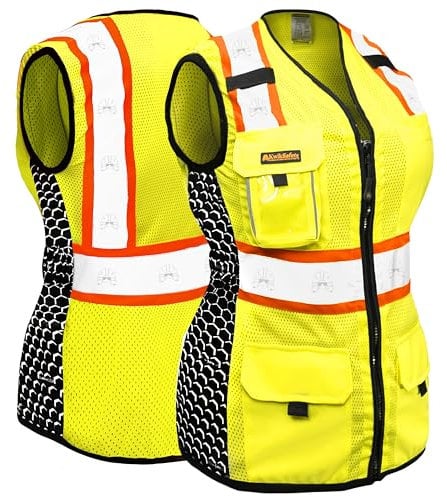 KwikSafety - Charlotte, NC - Queen Bee Premium Sicherheitsweste für Damen [SNUG FIT + HONEYCOMB Design] 10 Taschen Klasse 2 Hi Vis ANSI OSHA reflektierende Konstruktionsarbeit PSA/Gelb Small