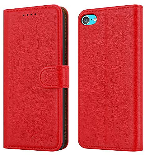 Schutzhülle für iPod Touch 7. / 6. / 5. Generatin, Leder, Klappetui, Magnetverschluss, Folio, Ständer, Kartenhalter, Brieftasche, vollständiger Schutz, für iPod Touch 5/6/7 Gen (rot)