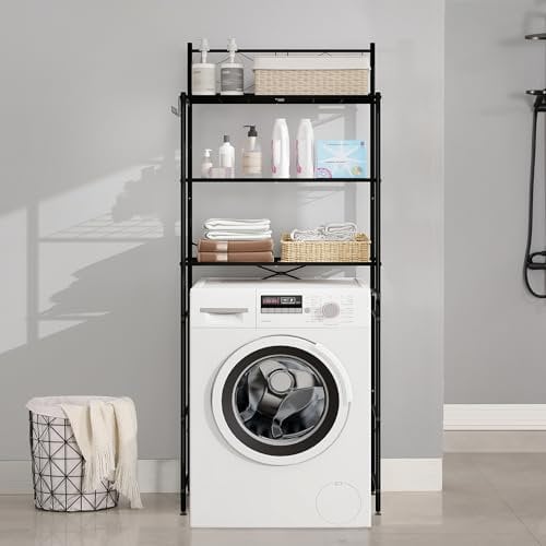 MALLBOO Mueble para Lavadora, Estantería para Lavadora sin Agujeros, Mueble Lavadora, 3 Niveles, Acero Inoxidable, Soporte para baño Que Ahorra Espacio (Negro)