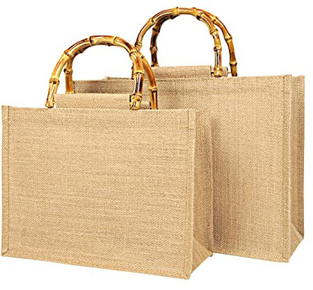 Tibroni Borsa Juta da Rivestire All'uncinetto Con Manici Bamboo - Per Shopping, Picnic, Viaggi, Spiaggia (33 X 26 X 14 cm)