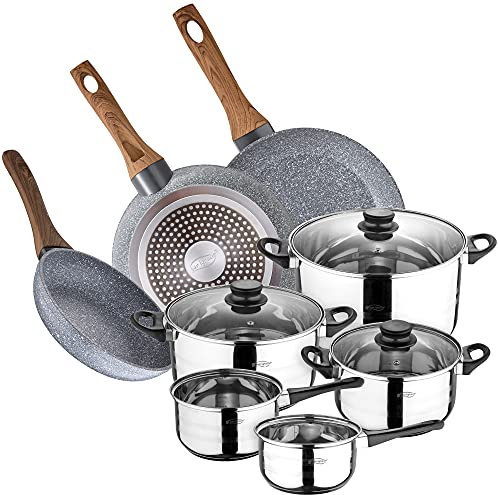 San Ignacio Bateria de cocina 8 piezas en acero inoxidable, con juego de sartenes 22/26/28 + Bateria, en aluminio forjado, inducción, PK3152