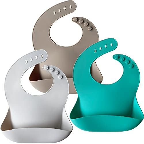 Moonkie Baberos Bebe Impermeables, 3 Paquete Babero Silicona Bebe, Sin BPA, Suaves y Cómodos, Tamaños Ajustables, Babero para Bebés y Niños(Verde turquesa/Gris lunar/Blanco grisáceo)