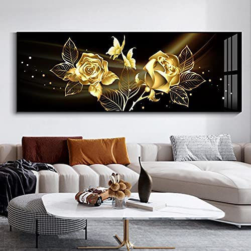 MEDASE Rose Fleur Murale Art Papillon Image Horizontale Abstraite Noir Doré Toile Tableau Peinture Au-Dessus du Lit Affiche Salon Decoration, 40 x 120 cm