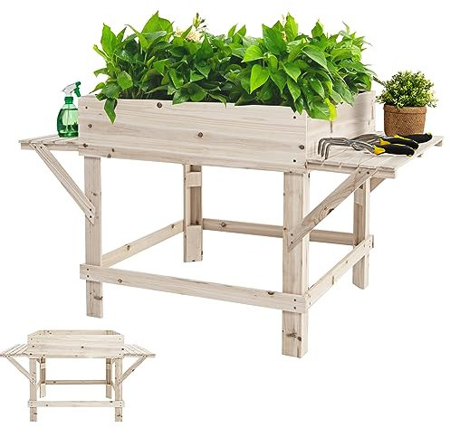 RELAX4LIFE Carré Potager sur Pieds en Bois avec 2 Rallonges Laterales et Trous d'Évacuation, Jardinière sur Pieds 131×75,5×75cm pour Fruits Légumes Semis, Potager Surélevé pour Jardin Balcon Terrasse