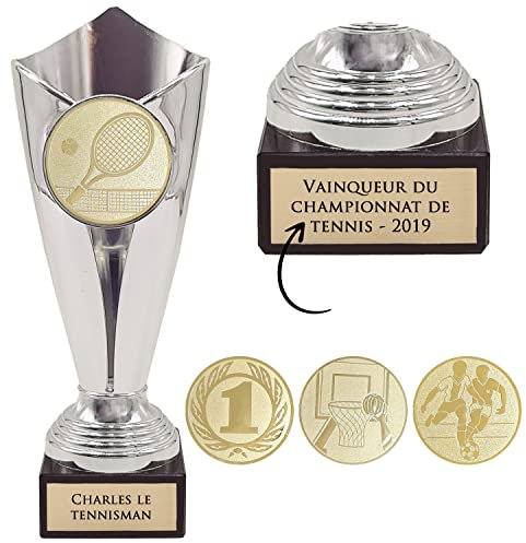 KDO MAGIC - Trophée Personnalisable - Coupe personnalisé avec Gravure - Cadeau fête des pères, noël, Retraite, événement Sportif - Or/Bronze/Argent (Argent, Tennis)
