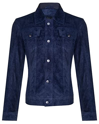Men's Navy Blue Goat Suede Jeans Jacket Trucker Casual Denim Leather Shirt L