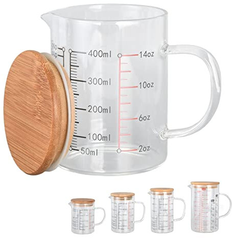 Verre doseur Cuisine, pichet en Verre en Forme de V avec échelle Transparente, pichet en Verre à Prise Confortable avec Couvercle pour thé, café, Whisky, Lait(400ml)