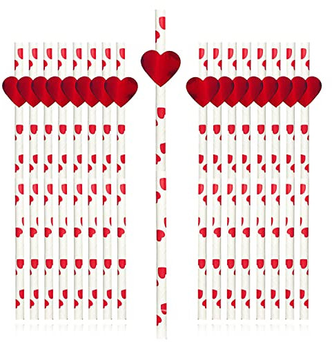 AKH® Lot de 20 pailles en papier avec motif cœur - 20 cm - Rouge et blanc - Pour la Saint Valentin