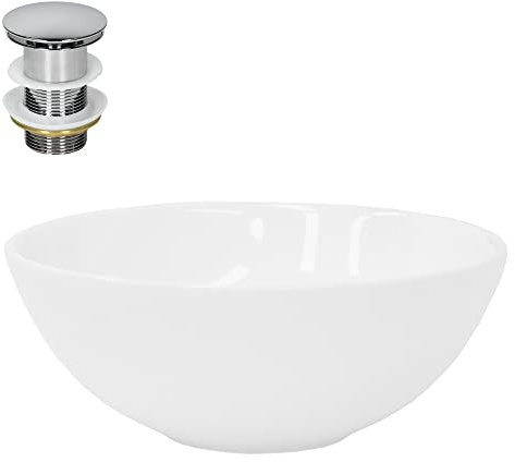 ML-Design Waschbecken aus Keramik in Weiß glänzend Ø 28x11,6 cm inkl. Ablaufgarnitur, Runde Aufsatzwaschbecken ohne Überlauf, Moderne Waschtisch, Waschschale Waschplatz Handwaschbecken, für Badezimmer